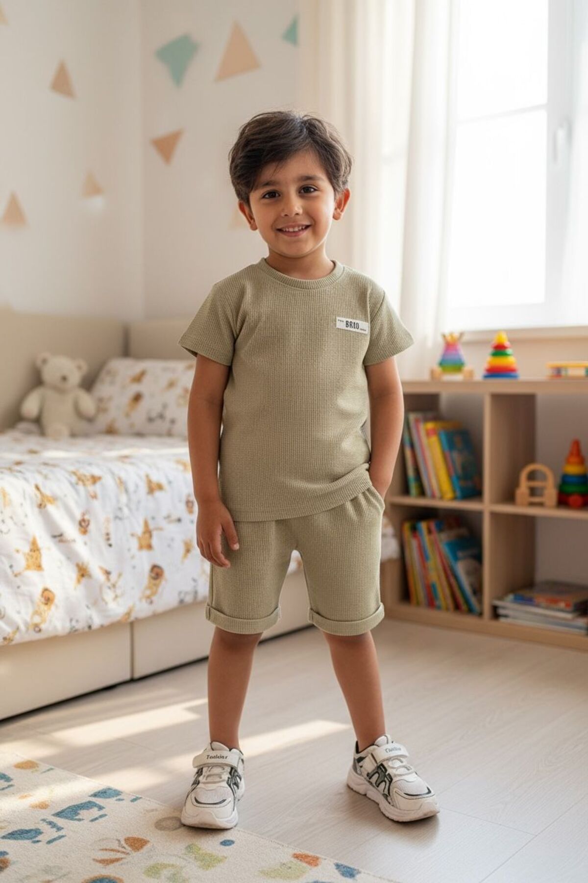 Hardal/Siyah/Bej Fitilli Çocuk Takımı | Yazlık Kısa Kollu T-shirt Şort Seti | Çok Renk Seçeneği - Haki