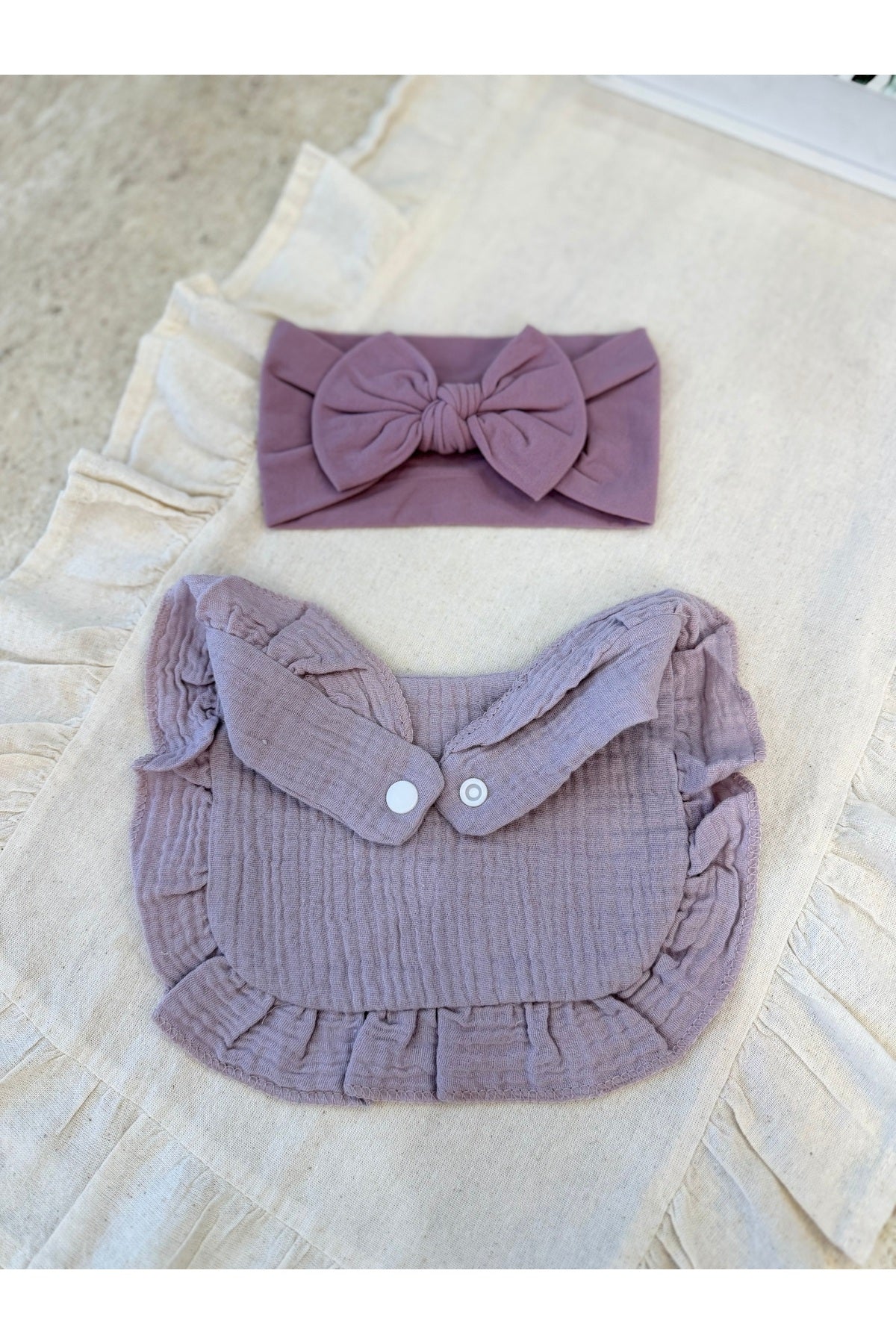 6 Parça Müslin Bebek Mama Önlüğü ve Bandana Seti | 3 Renk | Kulak Korumalı