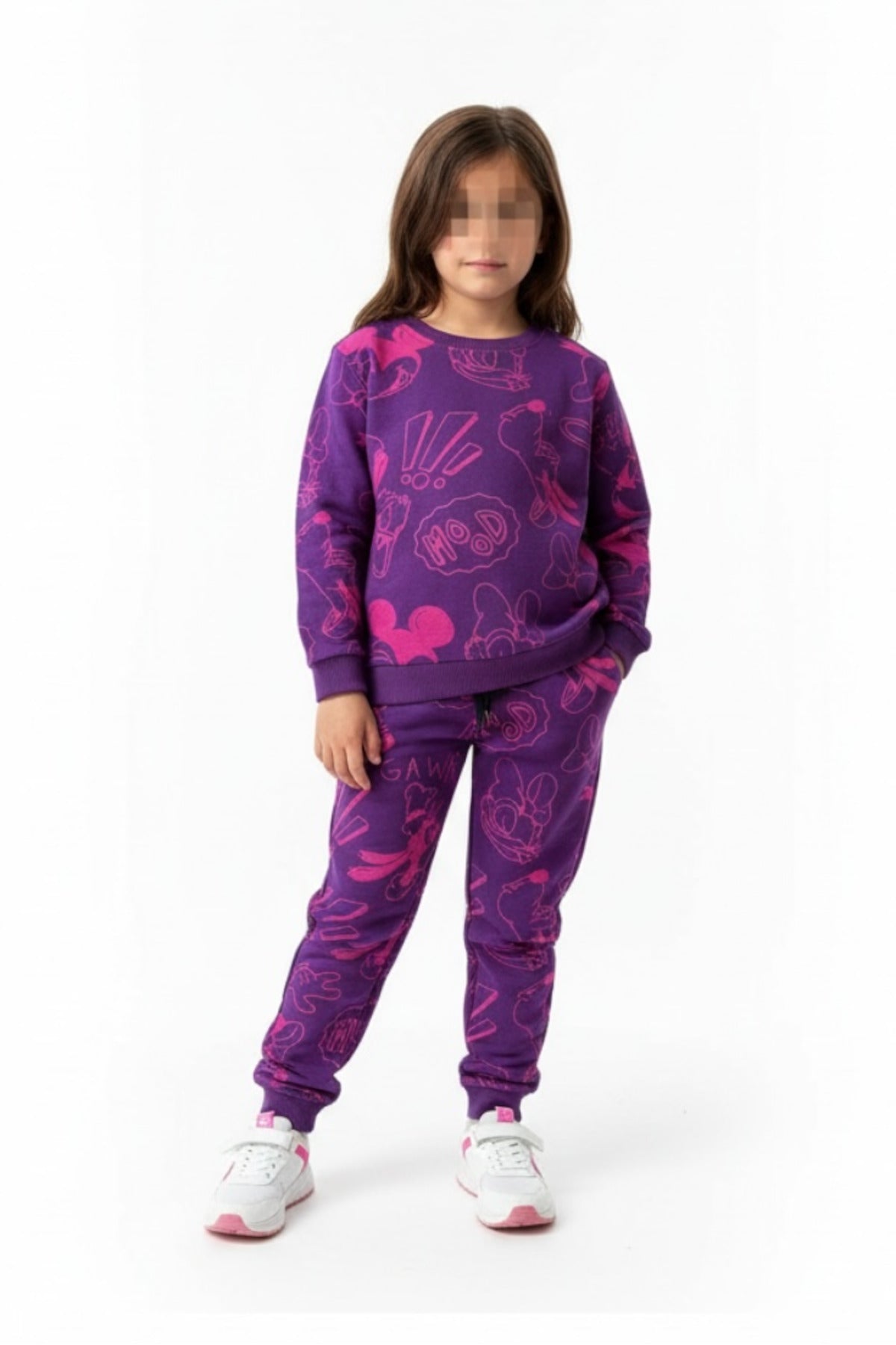 Mor Pembe Kız Çocuk Eşofman Takımı - Kapüşonsuz Sweatshirt - Mor