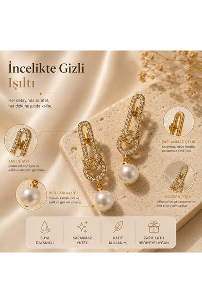 İnci Sallantılı Gold Kadın Küpe Paslanmaz Çelik Zarif Mode