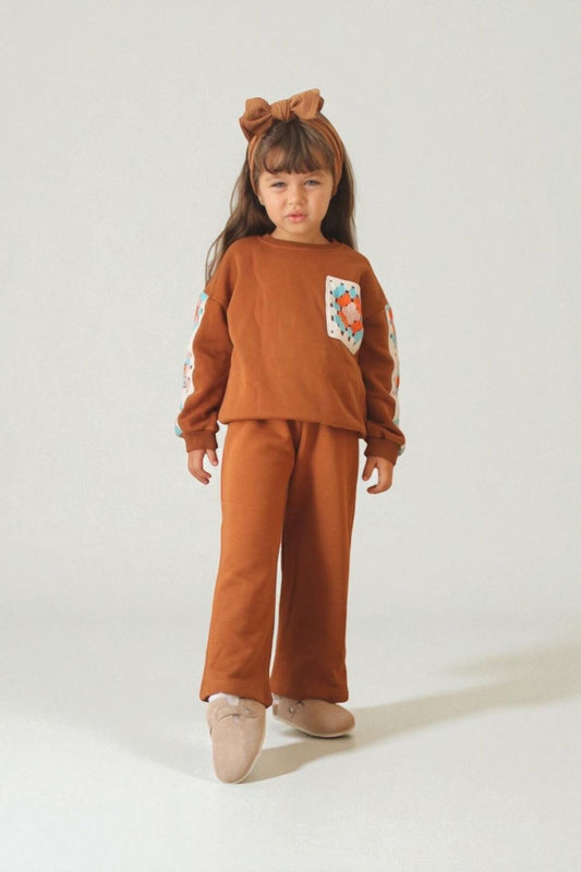 Kız Çocuk Üst Alt Takım Sweatshirt Ve Pantolon Rahat Günlük Kombin - Kahverengi