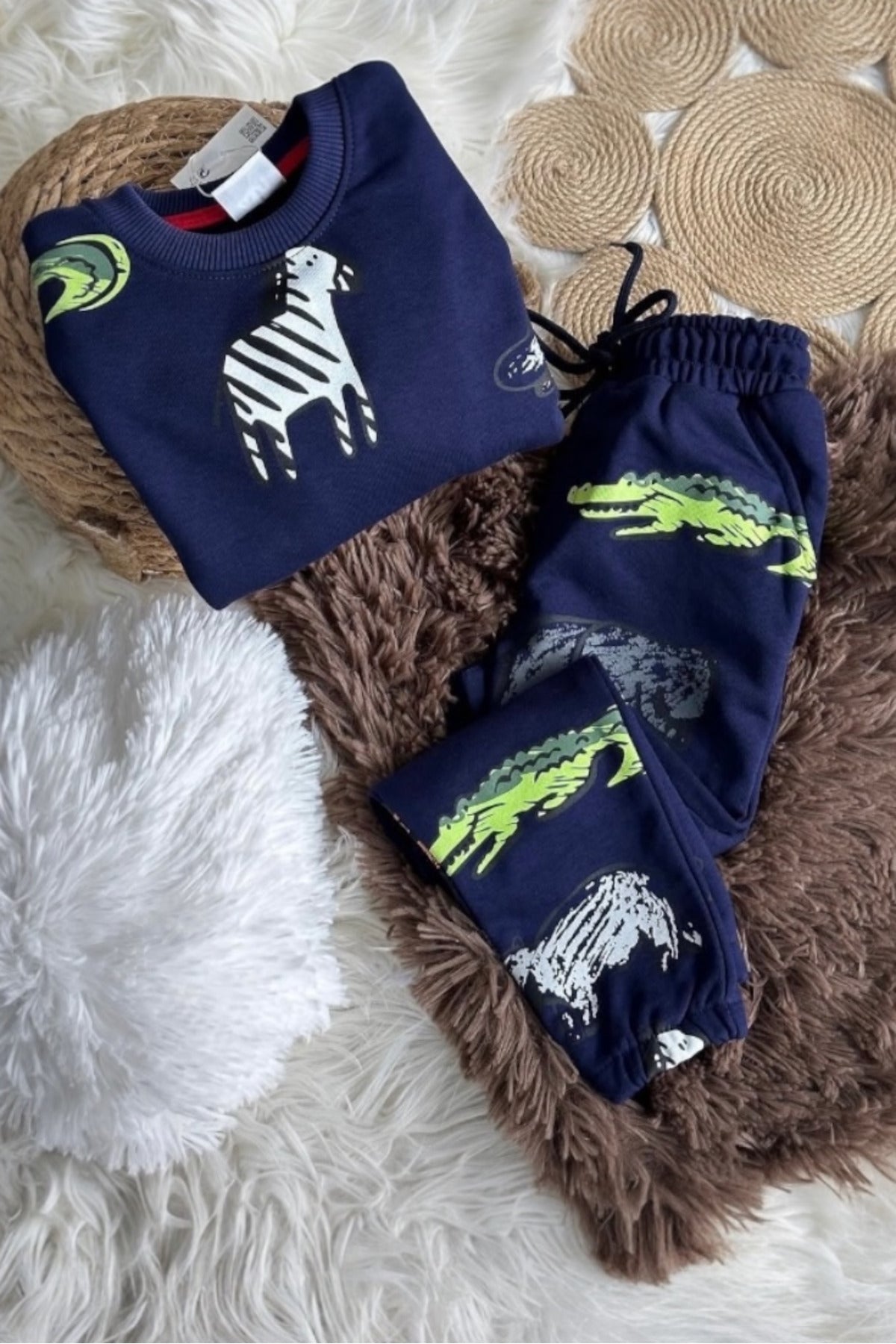 Safari Hayvan Desenli (Zebra, Fil vb.) Çocuk Lacivert Pamuklu Eşofman Takımı / Kışlık Alt Üst Set - Lacivert