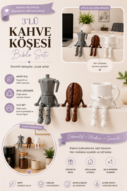 Kahve Köşesi Sevimli Biblo Seti 3lü, Kahve Çekirdeği, Kahve Kupası, Moka Pot, Coffee Set 10cm