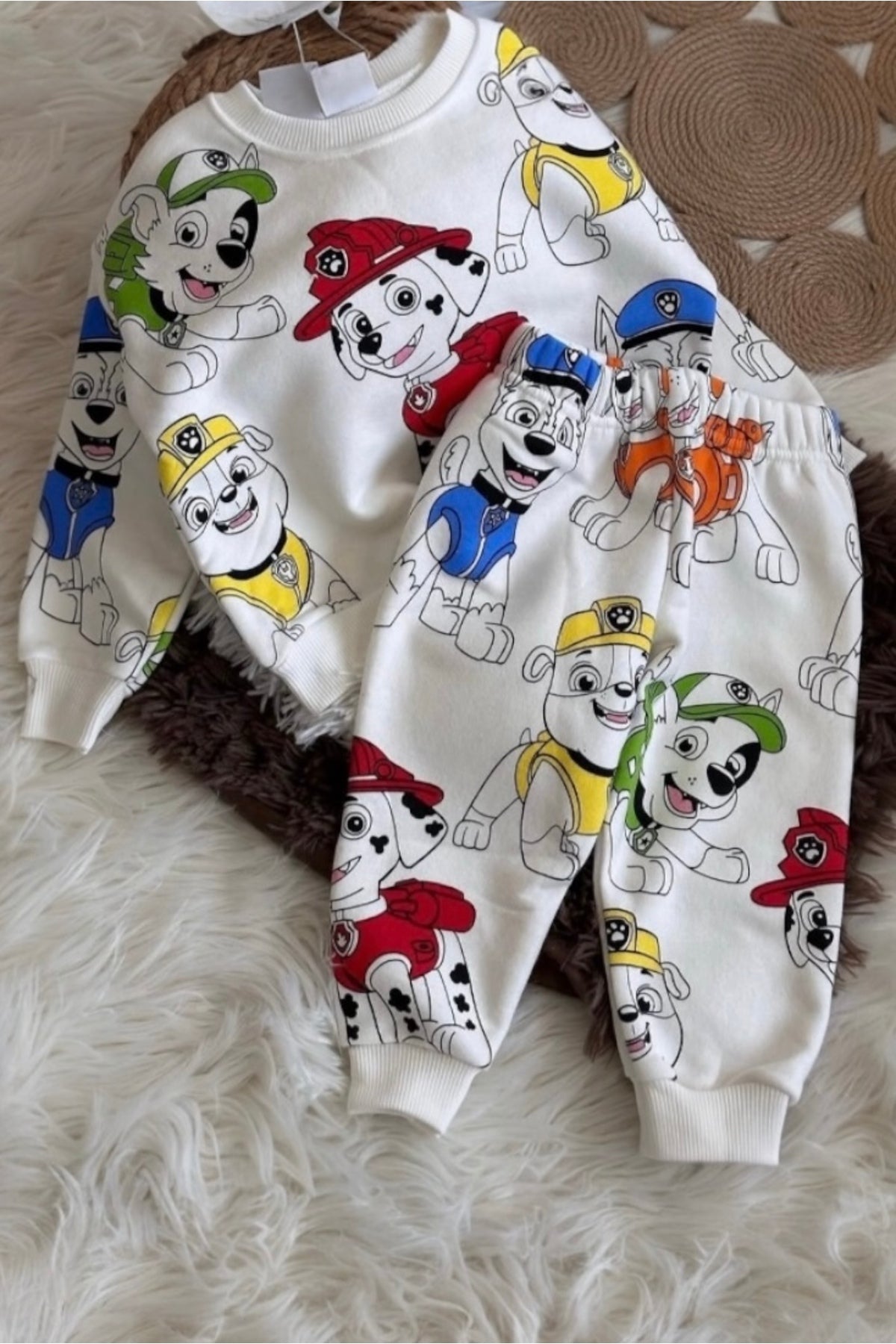 Çoklu Köpek Kahraman Desenli Çocuk Eşofman Takımı / Beyaz Full Baskılı Kışlık Sweat Alt Üst Set