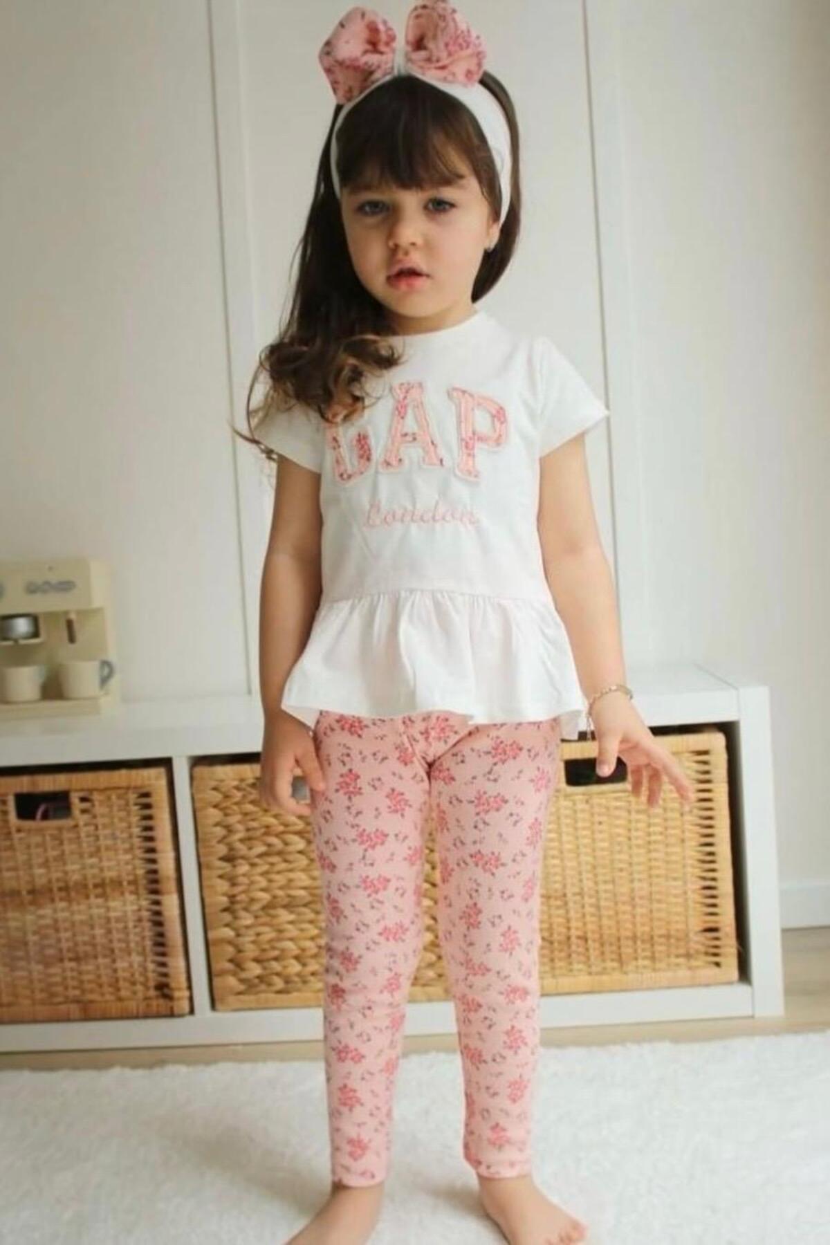 GEPP Baskılı Kız Çocuk Peplum Tişört ve Çiçekli Tayt Takımı - 3'lü Se - Pembe