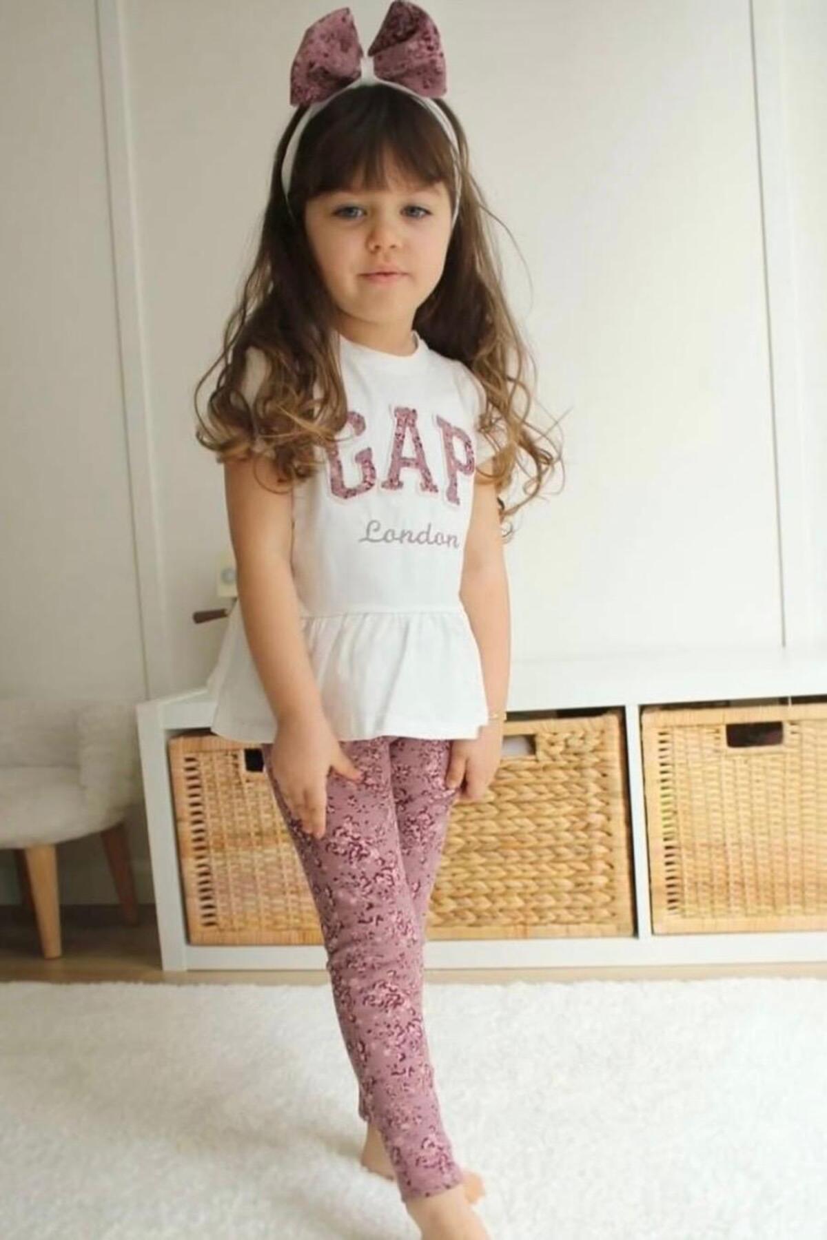 GEPP Baskılı Kız Çocuk Peplum Tişört ve Çiçekli Tayt Takımı - 3'lü Se - Mor