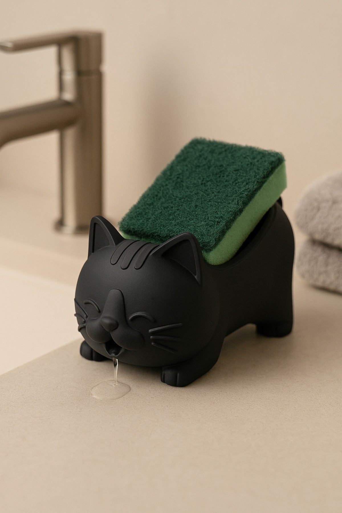 Dekoratif Siyah Kedi Figürlü Sabunluk & Süngerlik Şık ve Sevimli Banyo, Mutfak Aksesuarı Çok Amaçlı