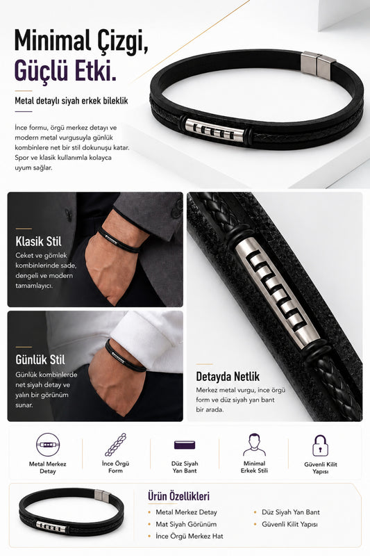 Metal Detaylı Çelik Erkek Bileklik Modern Günlük Stil