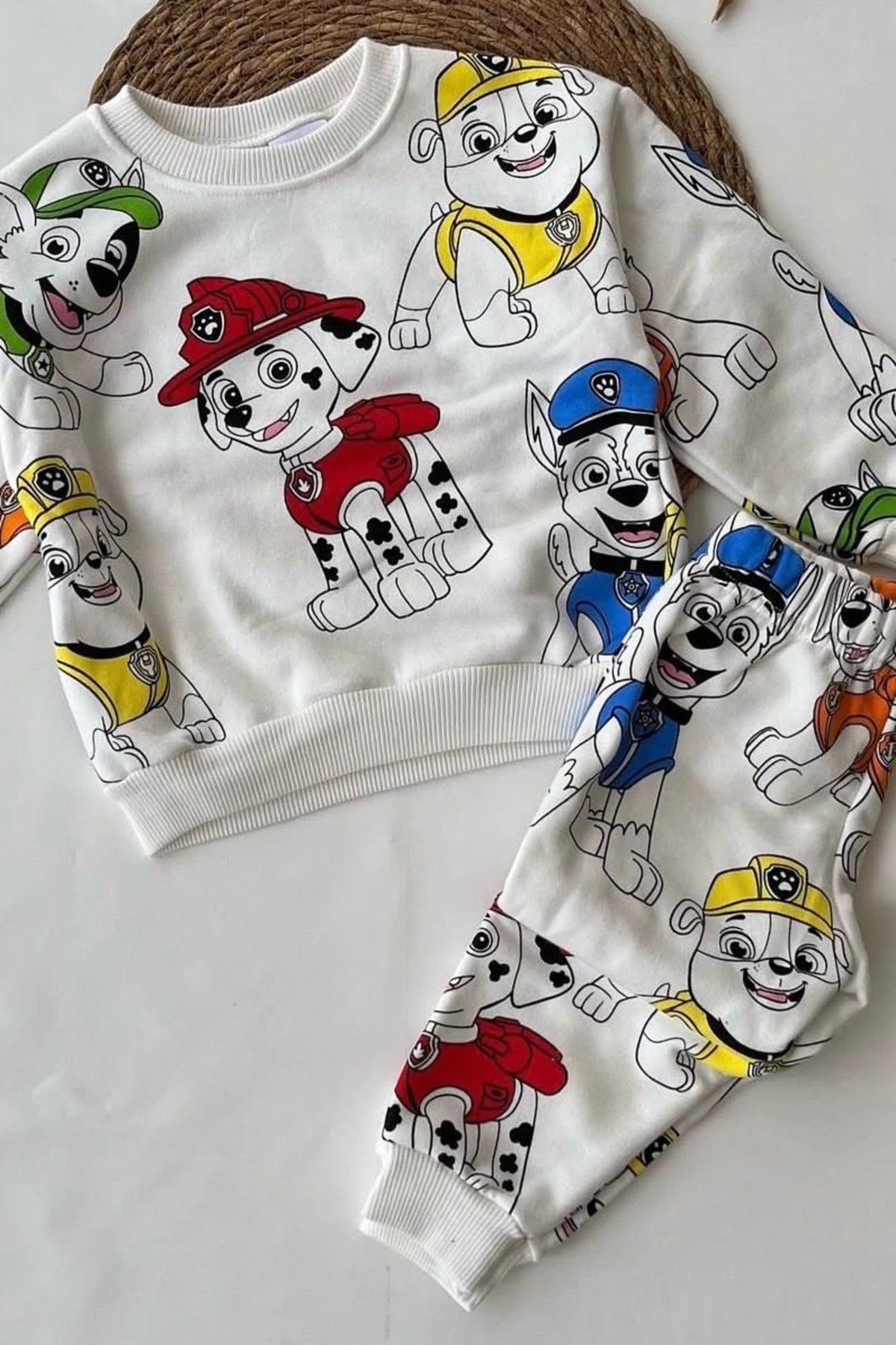Çoklu Köpek Kahraman Desenli Çocuk Eşofman Takımı / Beyaz Full Baskılı Kışlık Sweat Alt Üst Set - Beyaz