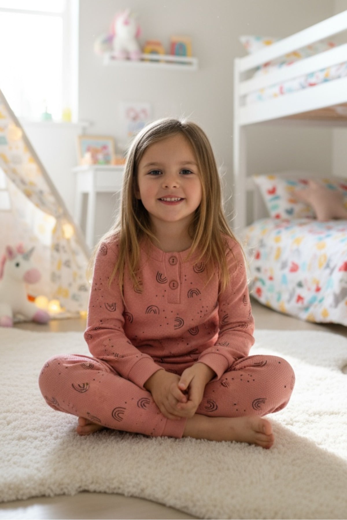 Kız/Erkek Çocuk Uzun Kol Desenli Pamuklu Pijama Takımı Waffle Kumaş
