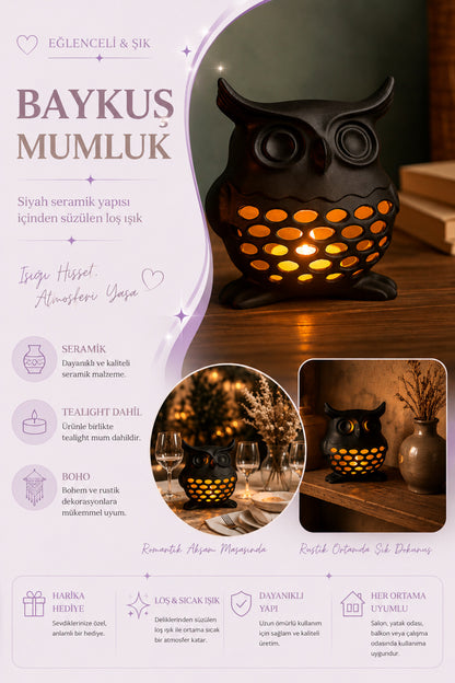 3D Dekoratif Baykuş Mumluk, Tealight Mumluk, Bohem Rustik Ev Dekoru, Hediyelik Romantik Aydınlatma