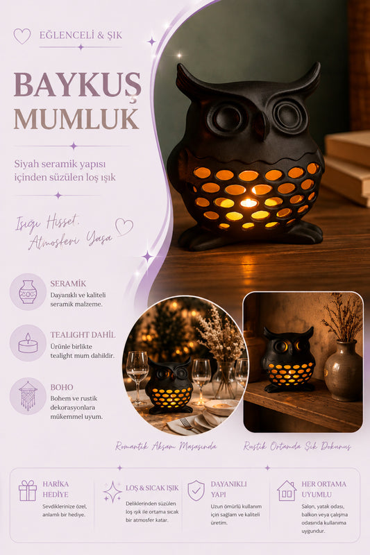 3D Dekoratif Baykuş Mumluk, Tealight Mumluk, Bohem Rustik Ev Dekoru, Hediyelik Romantik Aydınlatma