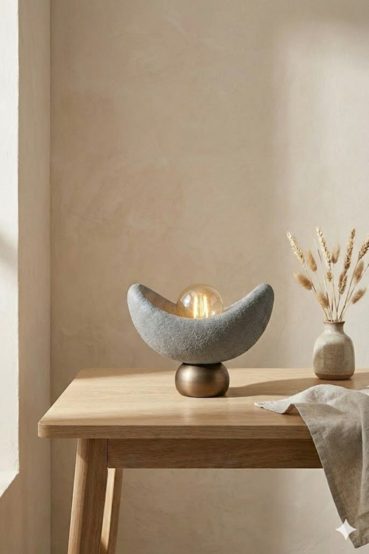 Luna Tasarım Masa Lambası Gri Bronz Detaylı Abajur Loş Amber Işık, Rustik Ampul Hediyeli 20 x 37 cm