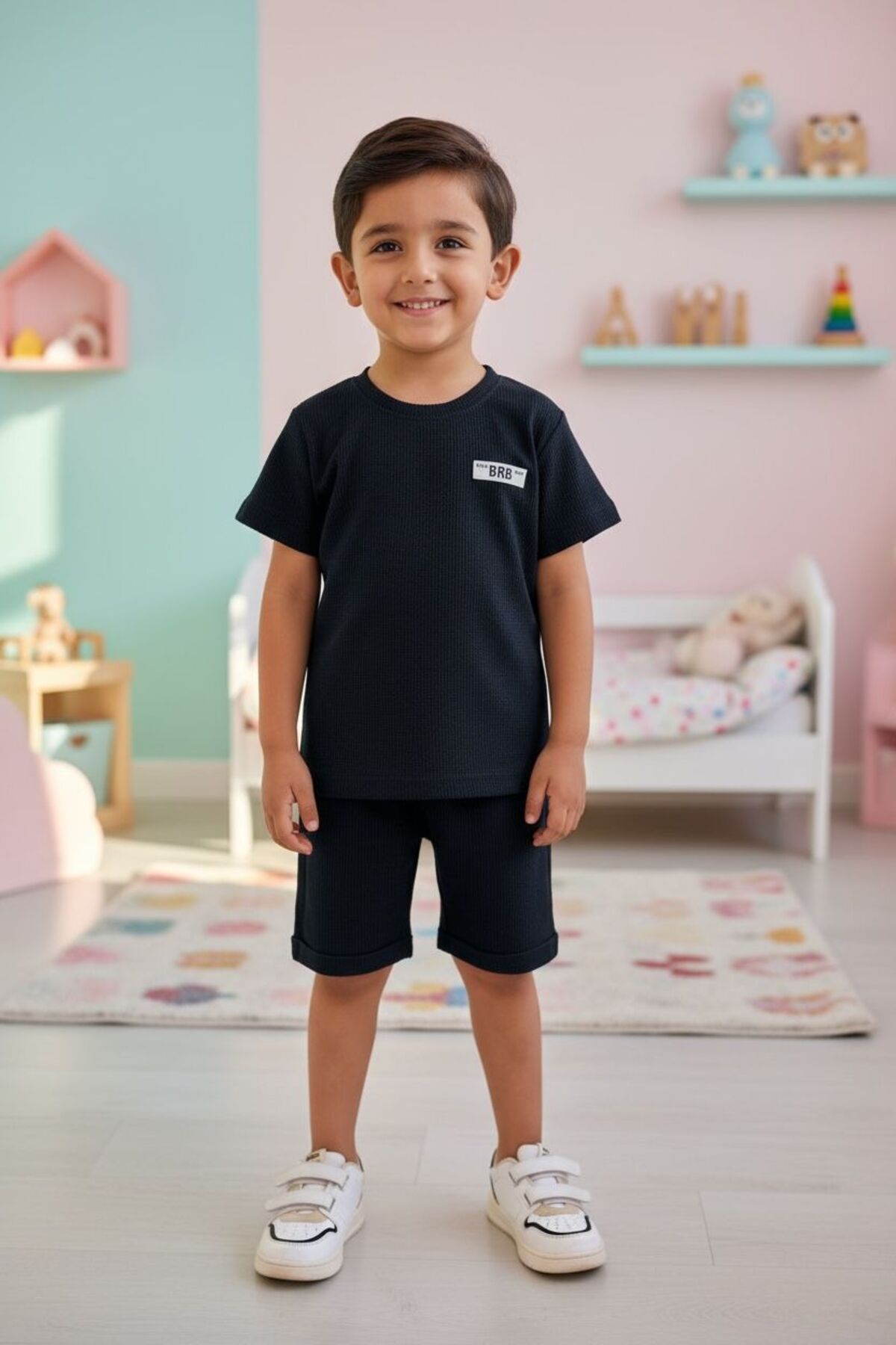 Hardal/Siyah/Bej Fitilli Çocuk Takımı | Yazlık Kısa Kollu T-shirt Şort Seti | Çok Renk Seçeneği - Siyah