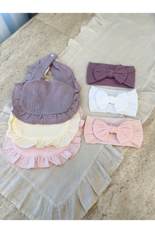 6 Parça Müslin Bebek Mama Önlüğü ve Bandana Seti | 3 Renk | Kulak Korumalı