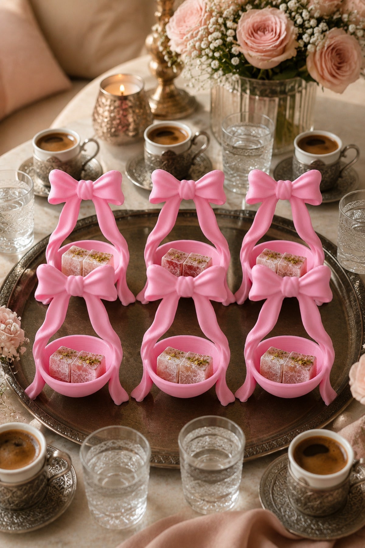 6’lı Fiyonk Kahve Yanı Lokumluk Seti 8x5 cm | Mini Çikolatalık, Drajelik, Şekerlik, 6 Kişilik Türk Kahvesi Sunumluğu - Pembe