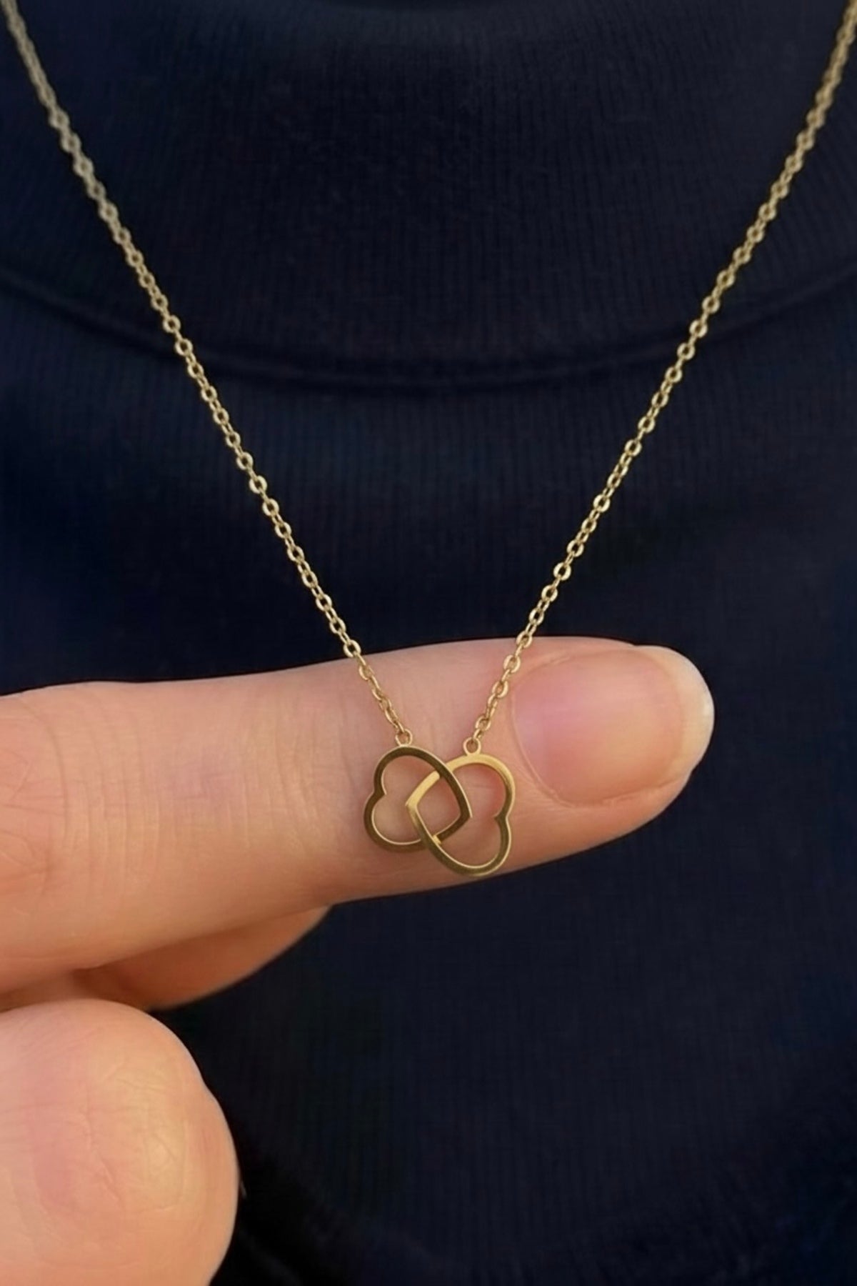 Kadın 316L Paslanmaz Çelik Gold Geçmeli Çift Kalp Kolye Kararmaz