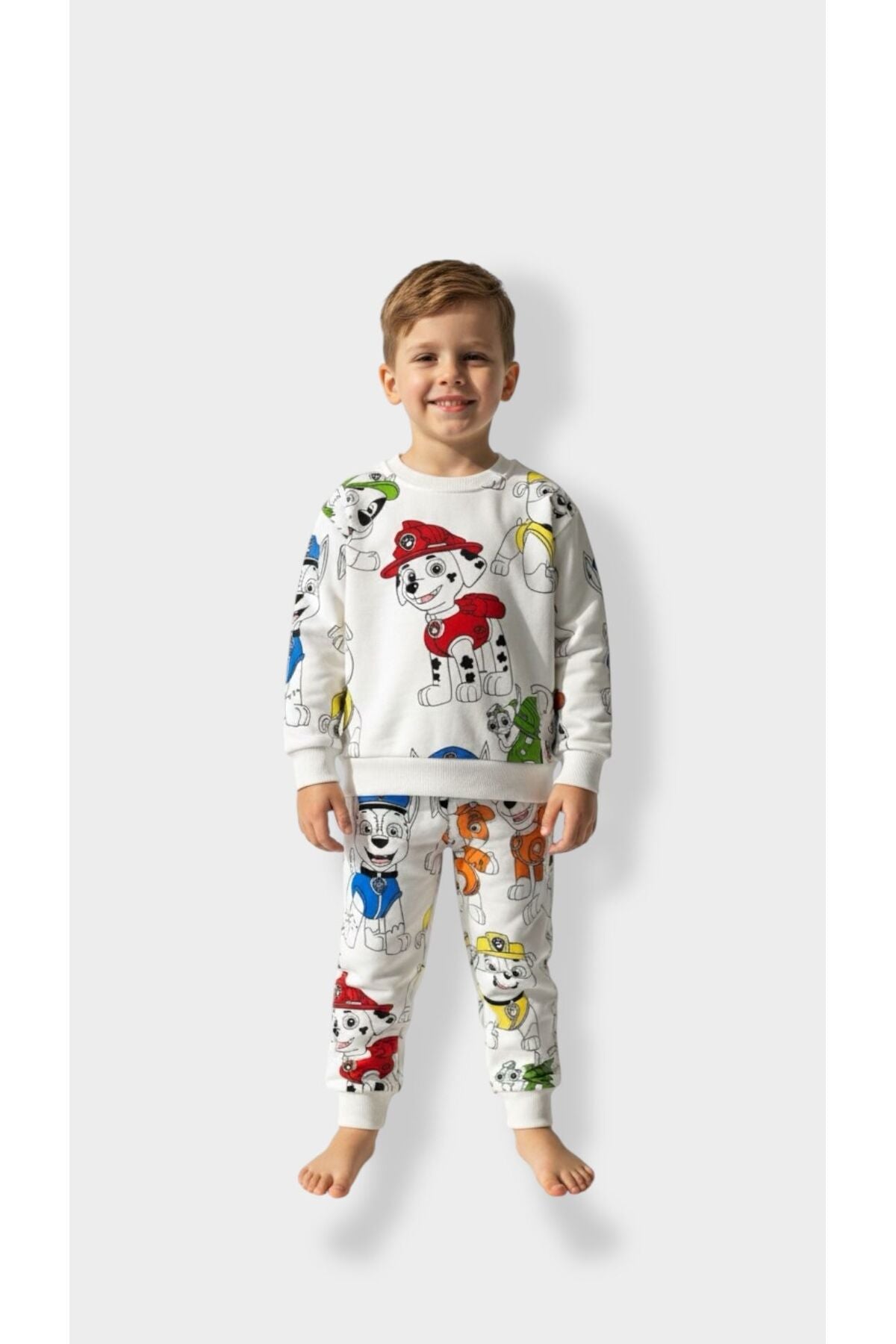 Çoklu Köpek Kahraman Desenli Çocuk Eşofman Takımı / Beyaz Full Baskılı Kışlık Sweat Alt Üst Set - Beyaz