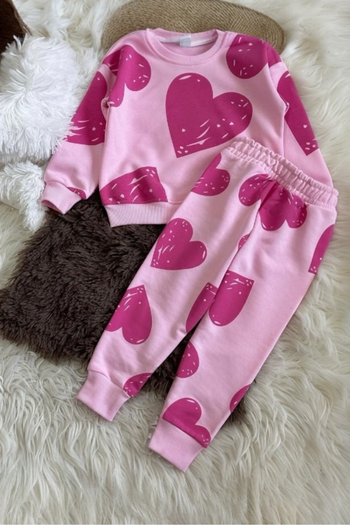 Sweet Sevimli Kalp Desenli 2'li Kız Çocuk Eşofman Takımı - Pembe