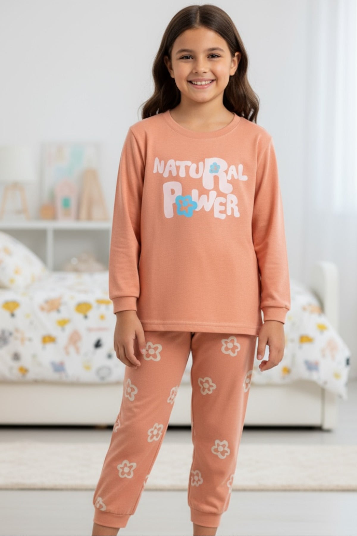 Uzun Kollu Kız Çocuk Pijama Takımı-Baskılı,Pamuklu,Alt-Üst Takım Ev Giyim Desenli