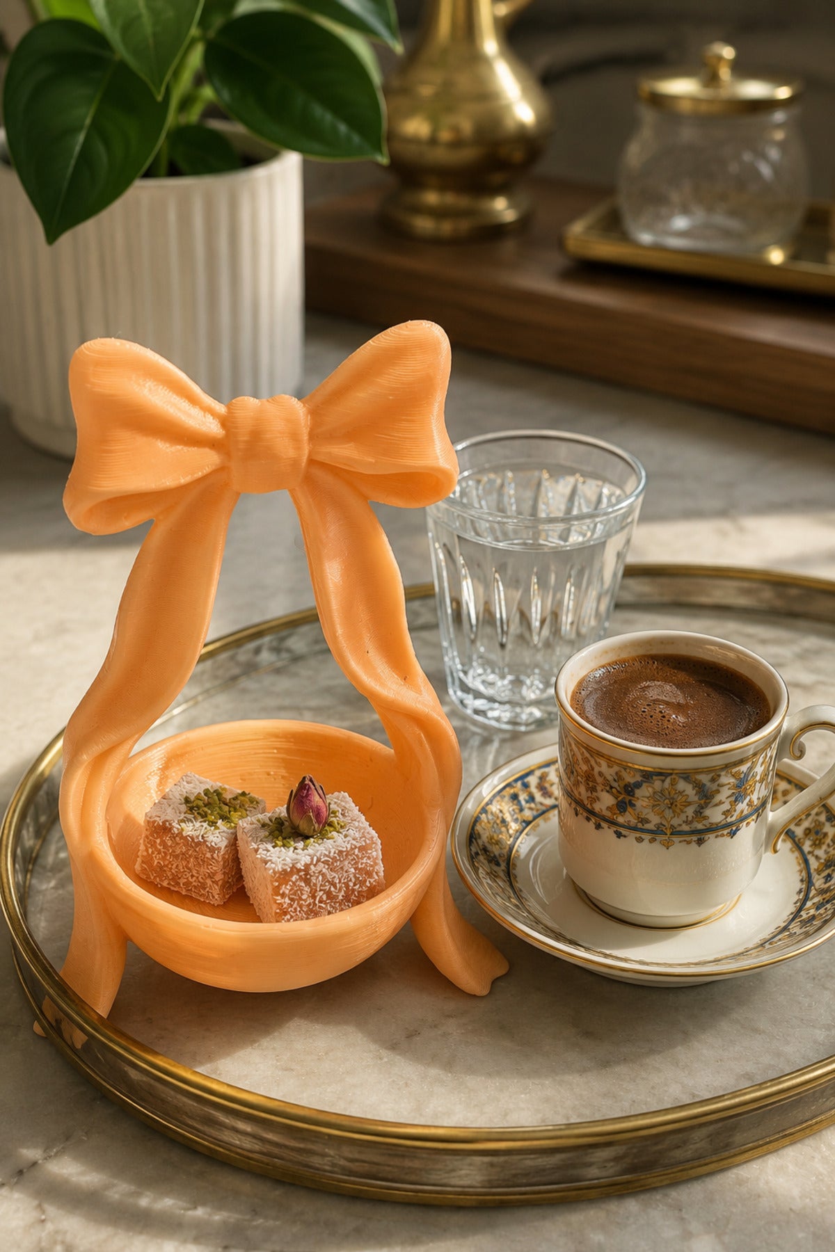 2’li Fiyonk Kahve Yanı Lokumluk Seti 8x5 cm | Mini Çikolatalık, Drajelik, Şekerlik, Türk Kahvesi Sunumluğu - Turuncu