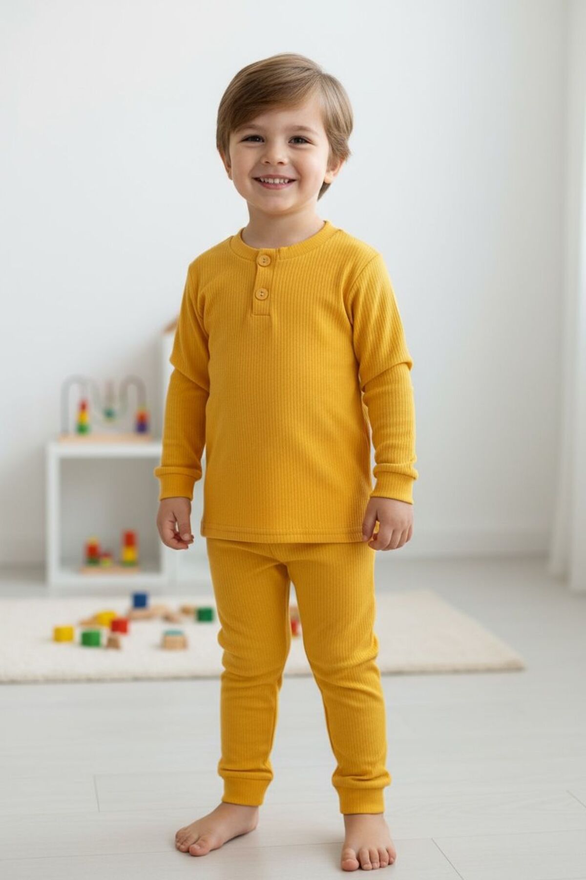 Uzun Kollu Fitilli Pijama Çocuk Takımı-Ev Giyim-Kız-Erkek-İç Giyim-Ev Giyim