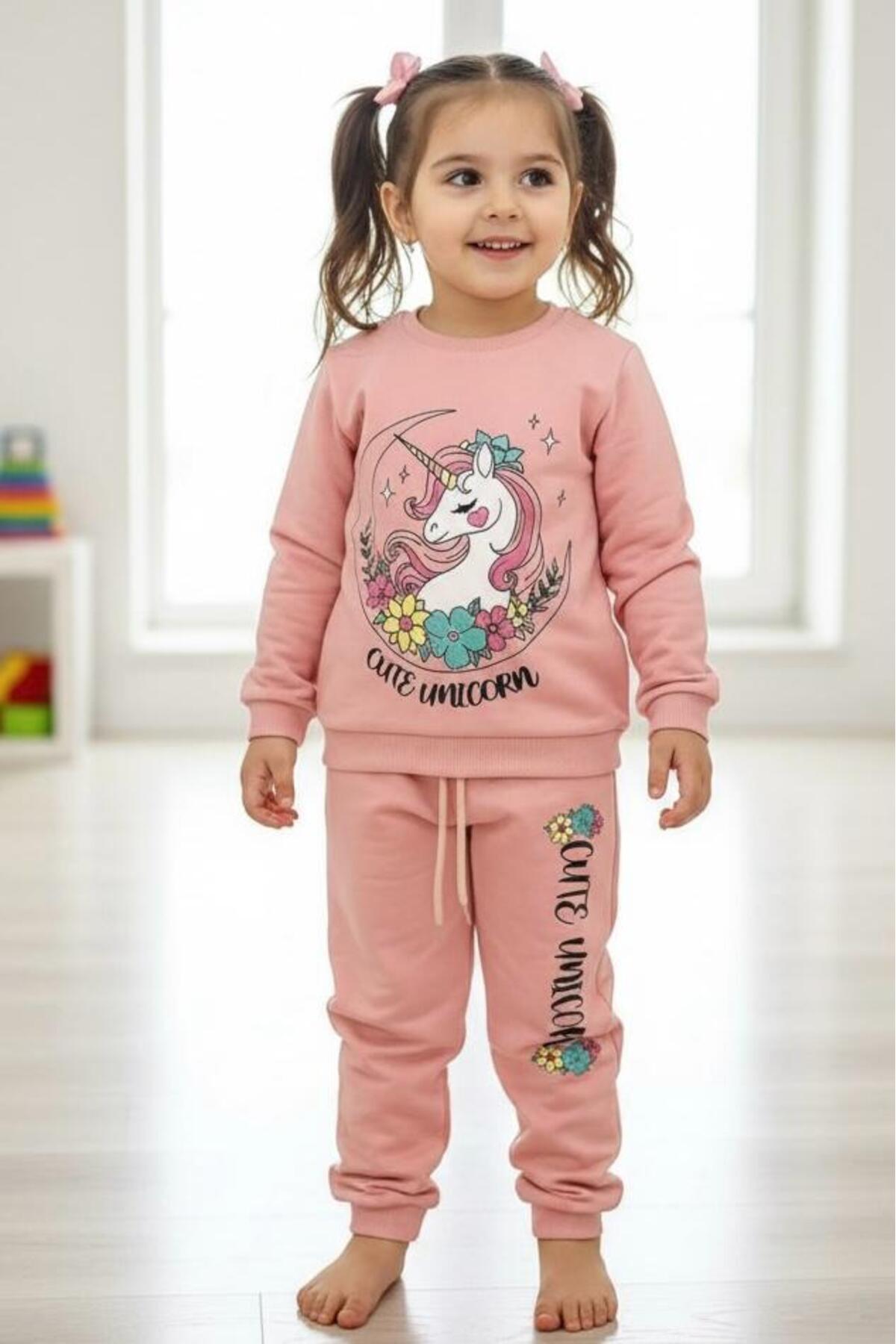 Kız Çocuk Sweatshirt Eşofman Takımı Pamuklu Desenli Alt Üst Takım - Çok Renkli