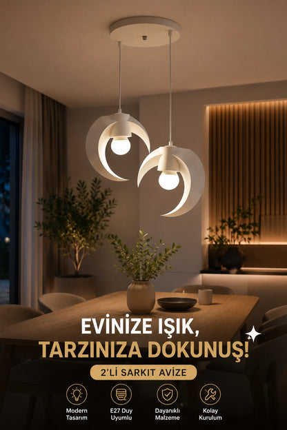 Beyaz Hilal Formlu 2'li Sarkıt Avize, Modern Dekoratif Aydınlatma