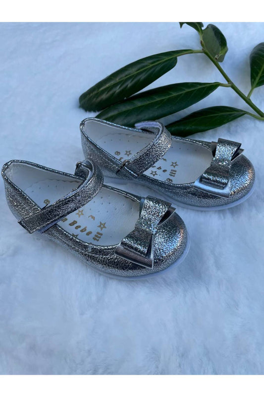 Kız Bebek Metalik Işıltılı Gümüş Prenses Babet Ayakkabı