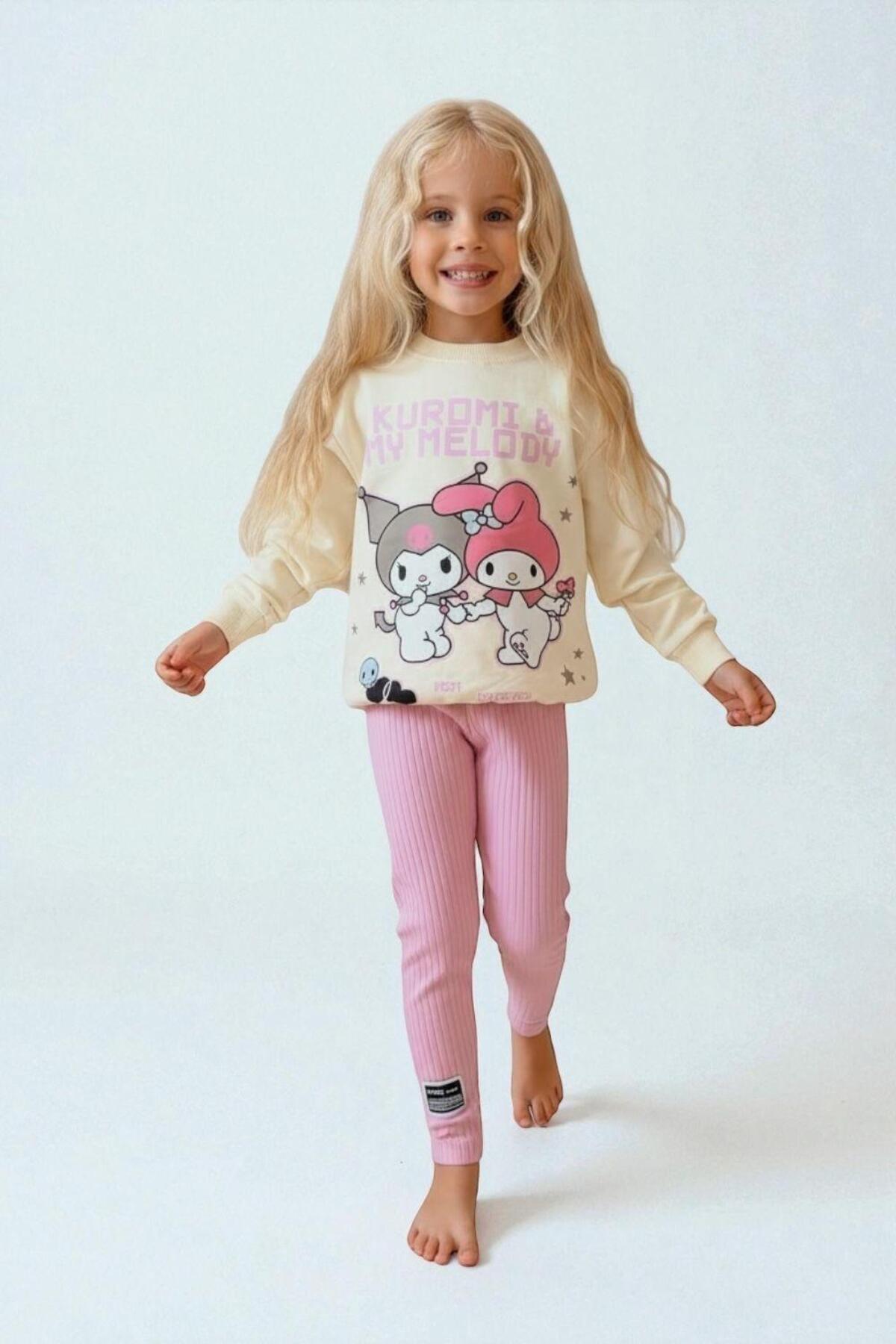 Kız Çocuk Desenli Sweatshirt Tayt Takımı Rahat Esnek Kumaş - Pembe