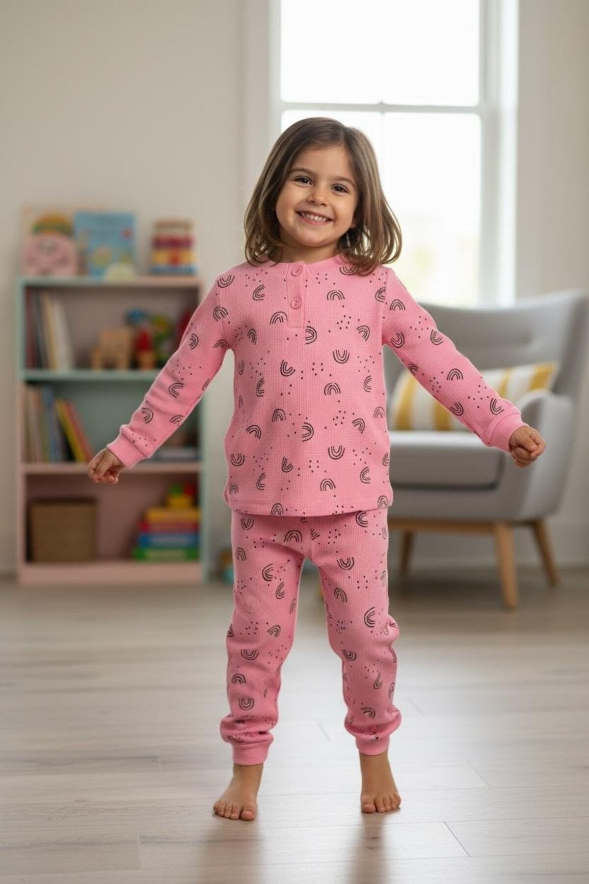 Kız/Erkek Çocuk Uzun Kol Desenli Pamuklu Pijama Takımı Waffle Kumaş