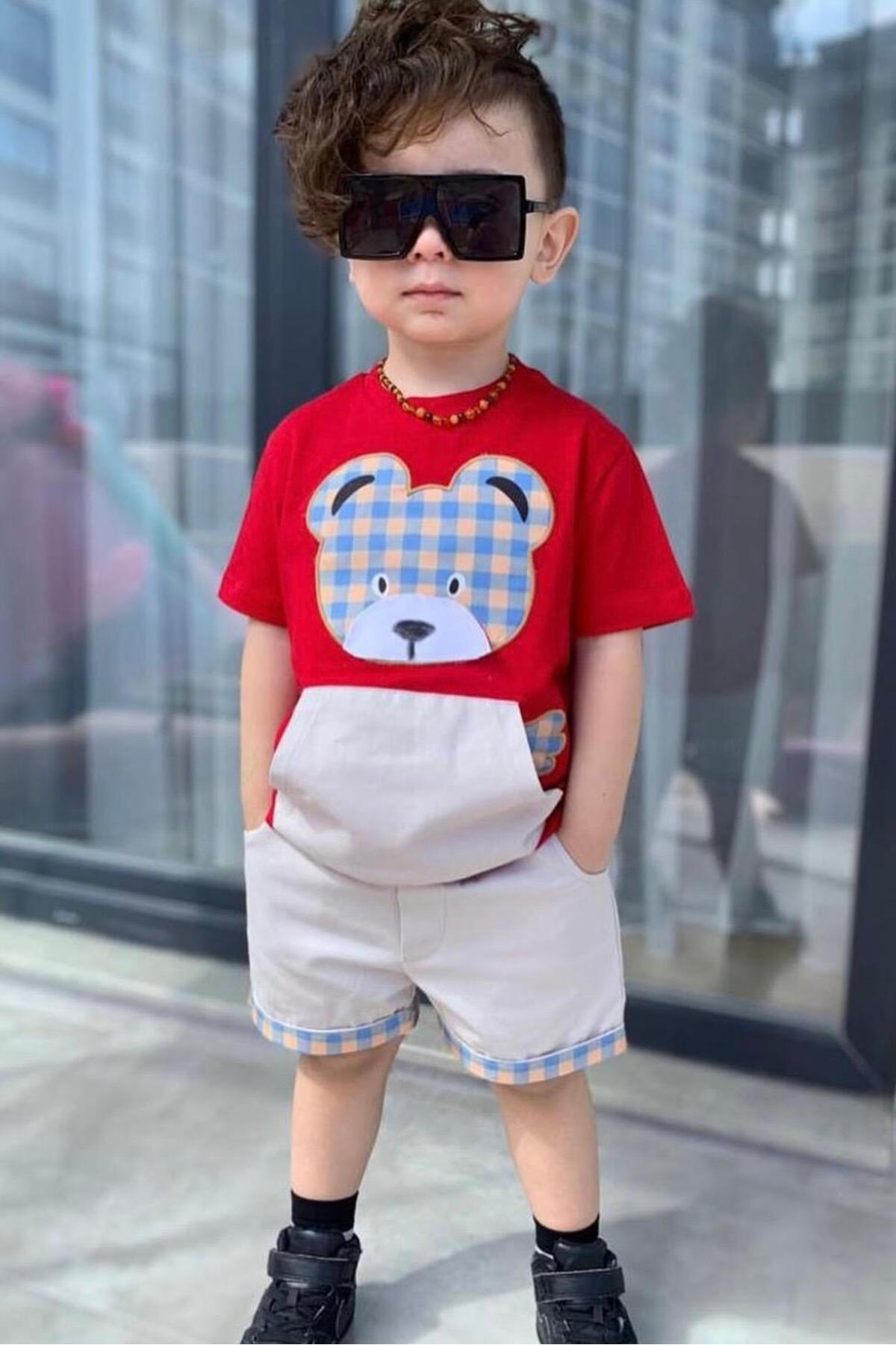 Mini Beylere Özel! Erkek Çocuk Ayıcık Baskılı Yazlık Takım - Kırmızı