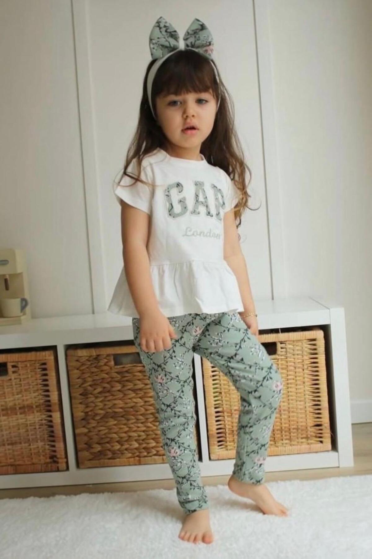 GEPP Baskılı Kız Çocuk Peplum Tişört ve Çiçekli Tayt Takımı - 3'lü Se - Yeşil