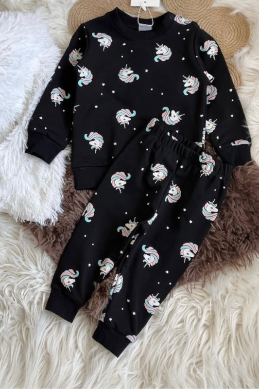 Kız Çocuk Baskılı Eşofman Takımı - Uzun Kollu Sweatshirt, Köpek Balığı / Surf Desenli