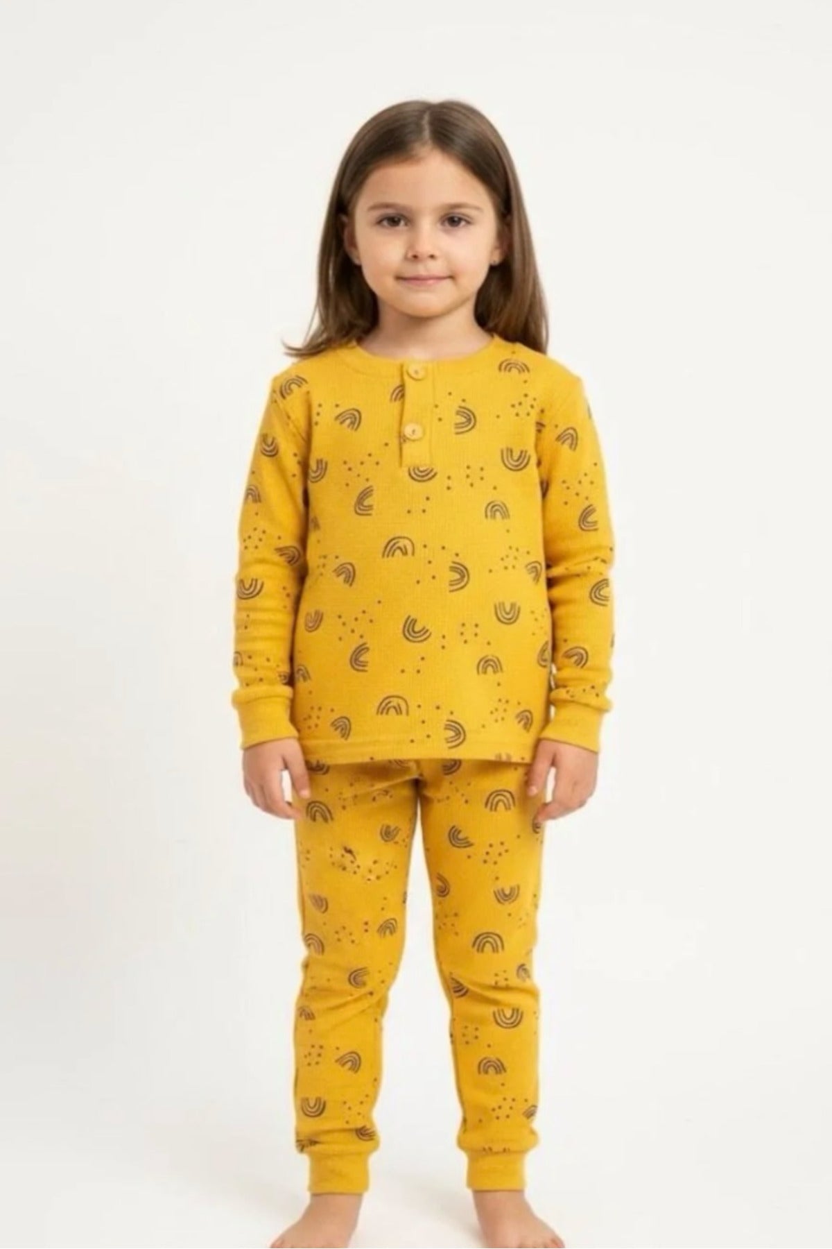 Kız/Erkek Çocuk Uzun Kol Desenli Pamuklu Pijama Takımı Waffle Kumaş