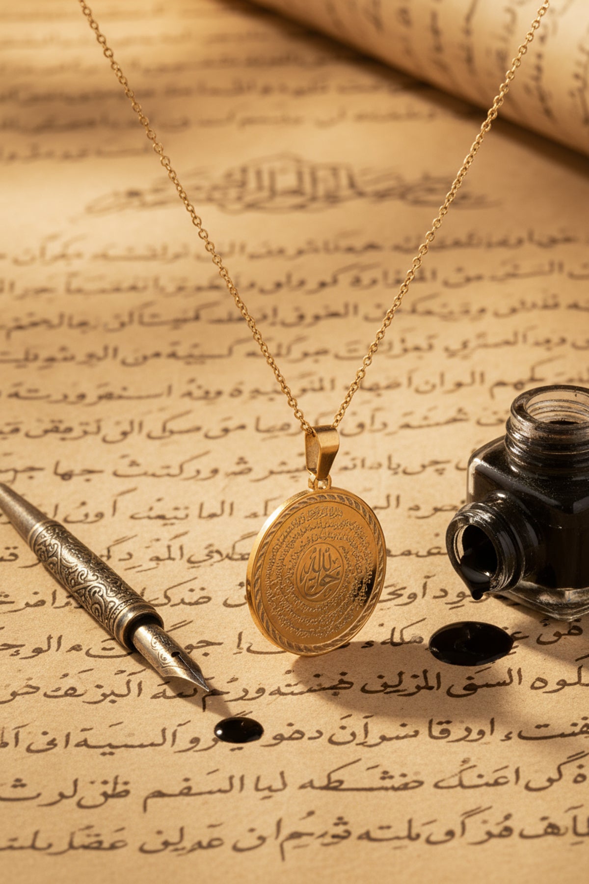 Altın Renk Hakkani Mührü ve Nal-ı Şerif Yazılı Çelik Kolye Paslanmaz Kararmaz Zincir
