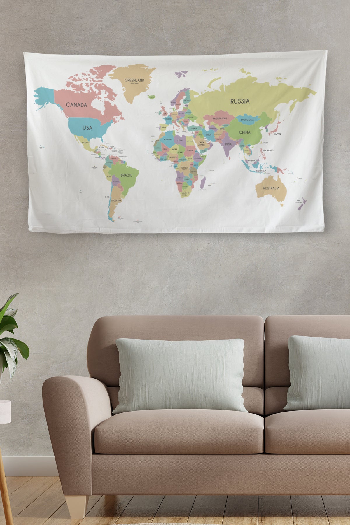 Duvar Örtüsü / Halısı Kanvas Kumaş Pastel Dünya Haritası -3957