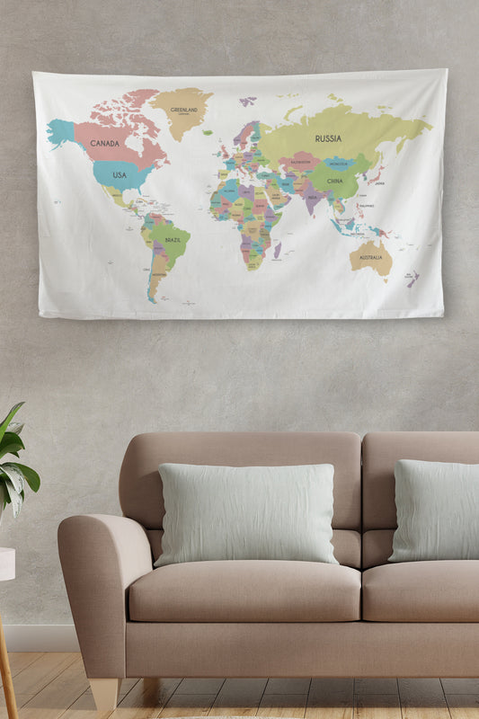 Duvar Örtüsü / Halısı Kanvas Kumaş Pastel Dünya Haritası -3957