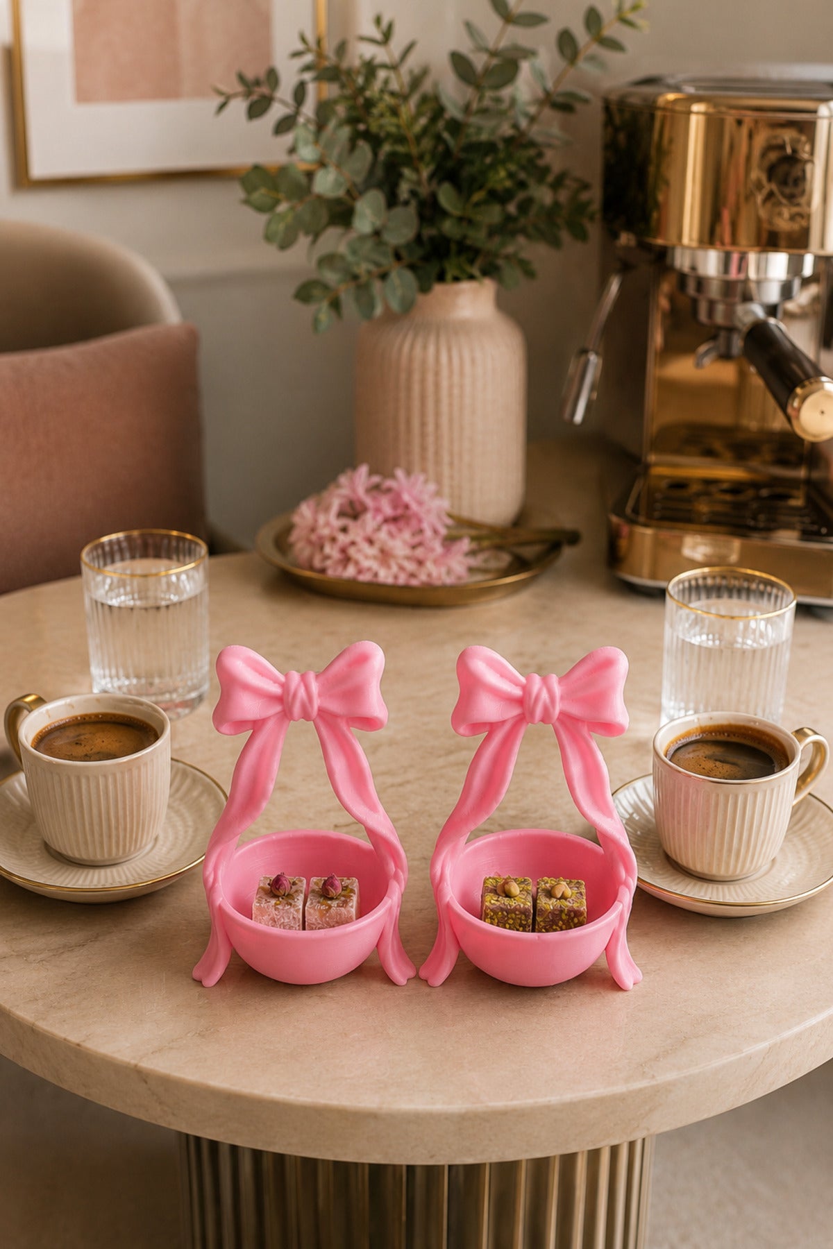 2’li Fiyonk Kahve Yanı Lokumluk Seti 8x5 cm | Mini Çikolatalık, Drajelik, Şekerlik, Türk Kahvesi Sunumluğu - Pembe