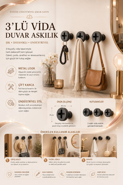 Dekoratif Vida Askı Modern Genç Odası Antre Giriş Pratik Ev Gereçleri 10 X 8 Cm