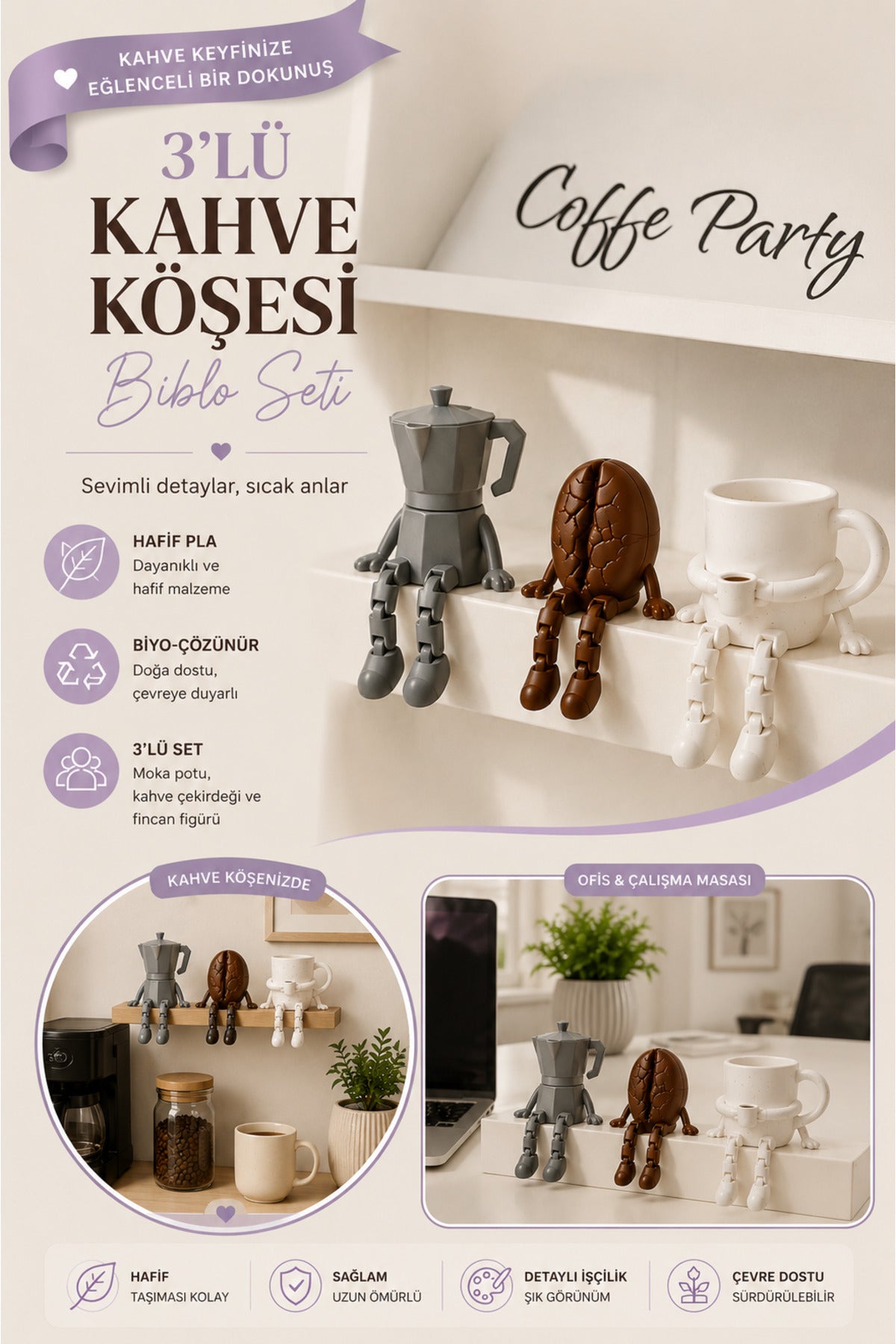 Kahve Köşesi Sevimli Biblo Seti 3lü, Kahve Çekirdeği, Kahve Kupası, Moka Pot, Coffee Set 10cm