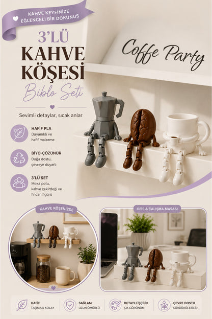 Kahve Köşesi Sevimli Biblo Seti 3lü, Kahve Çekirdeği, Kahve Kupası, Moka Pot, Coffee Set 10cm