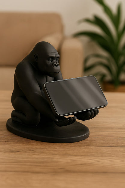 3D Siyah Goril Figürlü Dekoratif Telefon, Tablet Standı, Kalem Tutucu Heykel, Masaüstü Organizer