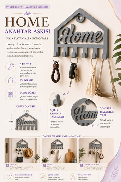 Dekoratif Açılır Kapanır Anahtar Askı Home Detay 15 X 15 Cm