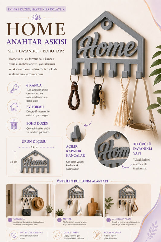 Dekoratif Açılır Kapanır Anahtar Askı Home Detay 15 X 15 Cm