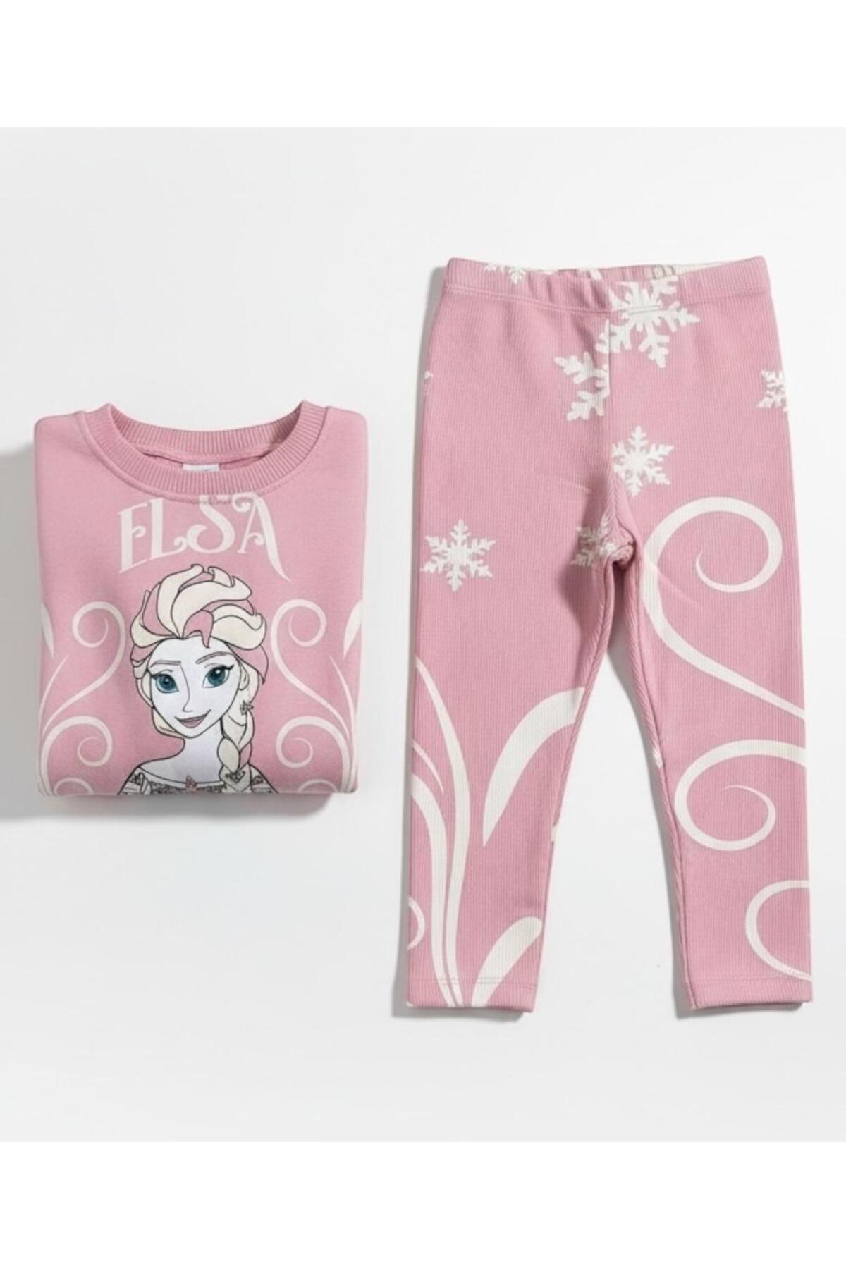 Elsa Prenses Baskılı Pembe Kız Çocuk Sweatshirt ve Tayt Takımı | Kışlık Pamuklu Kombin - Pembe