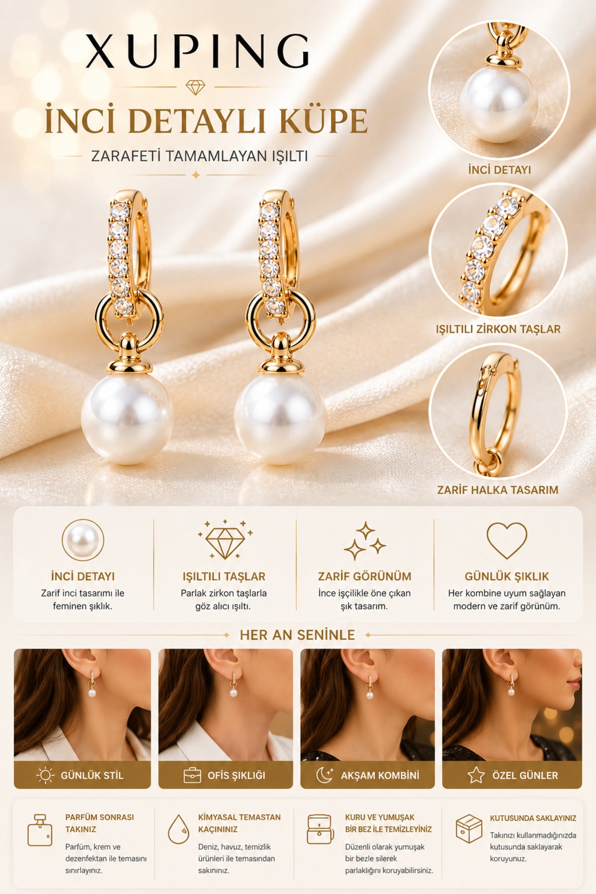 Gold İnci Detaylı Kadın Küpe Paslanmaz Çelik Vintage Model