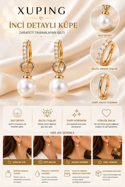 Gold İnci Detaylı Kadın Küpe Paslanmaz Çelik Vintage Model