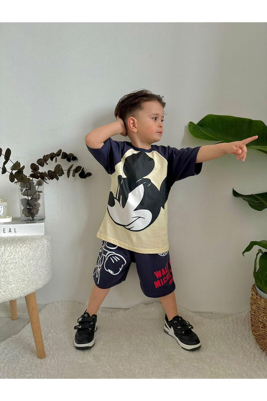Erkek Çocuk Mickey Mouse Baskılı Kısa Kollu Siyah-Krem Takım – 2’li Yazlık Kombin - Siyah