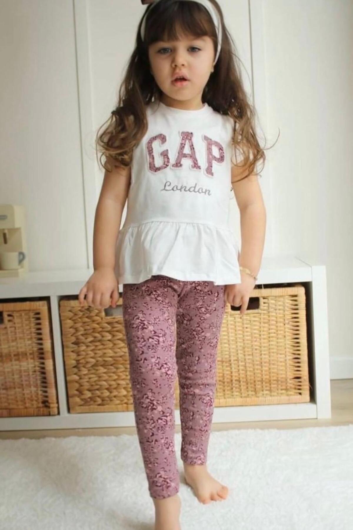 GEPP Baskılı Kız Çocuk Peplum Tişört ve Çiçekli Tayt Takımı - 3'lü Se - Mor